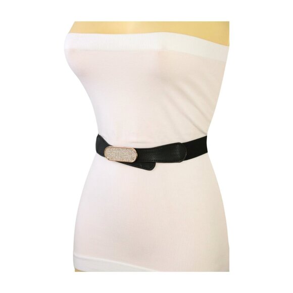 New Fun Women Black Stretch Waistband Fashion Belt Gold Oval Bling Buckle S M - Picture 10 of 17